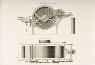 Carding engine, shown from its end and from above by Joseph Wilson Lowry